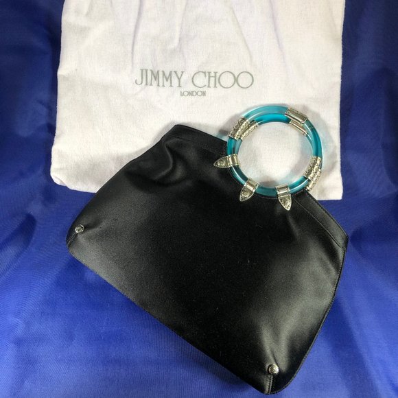 Jimmy Choo Black Satin Handbag Turquoise Handles - Picture 1 of 8